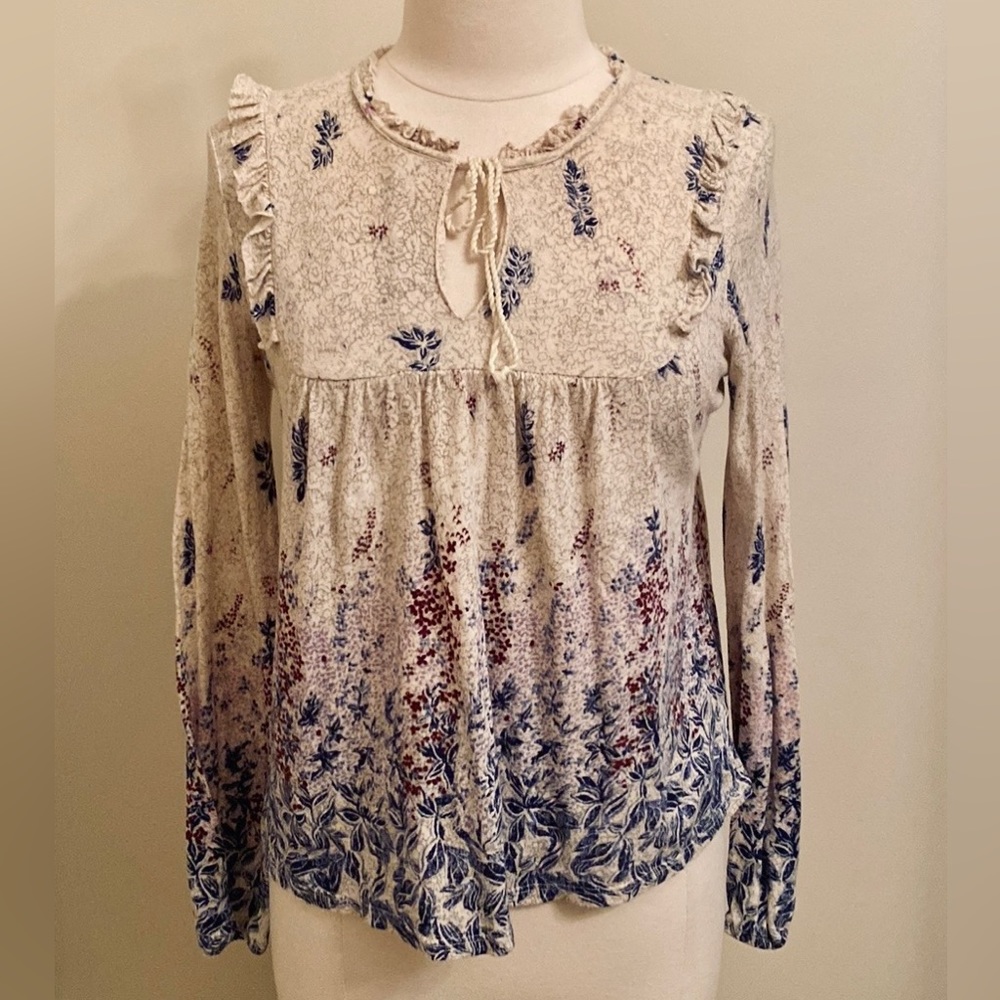 Lucky Brand Cream Blue Floral SZ S Fairy Cottagecore Boho Babydoll Peasant Top